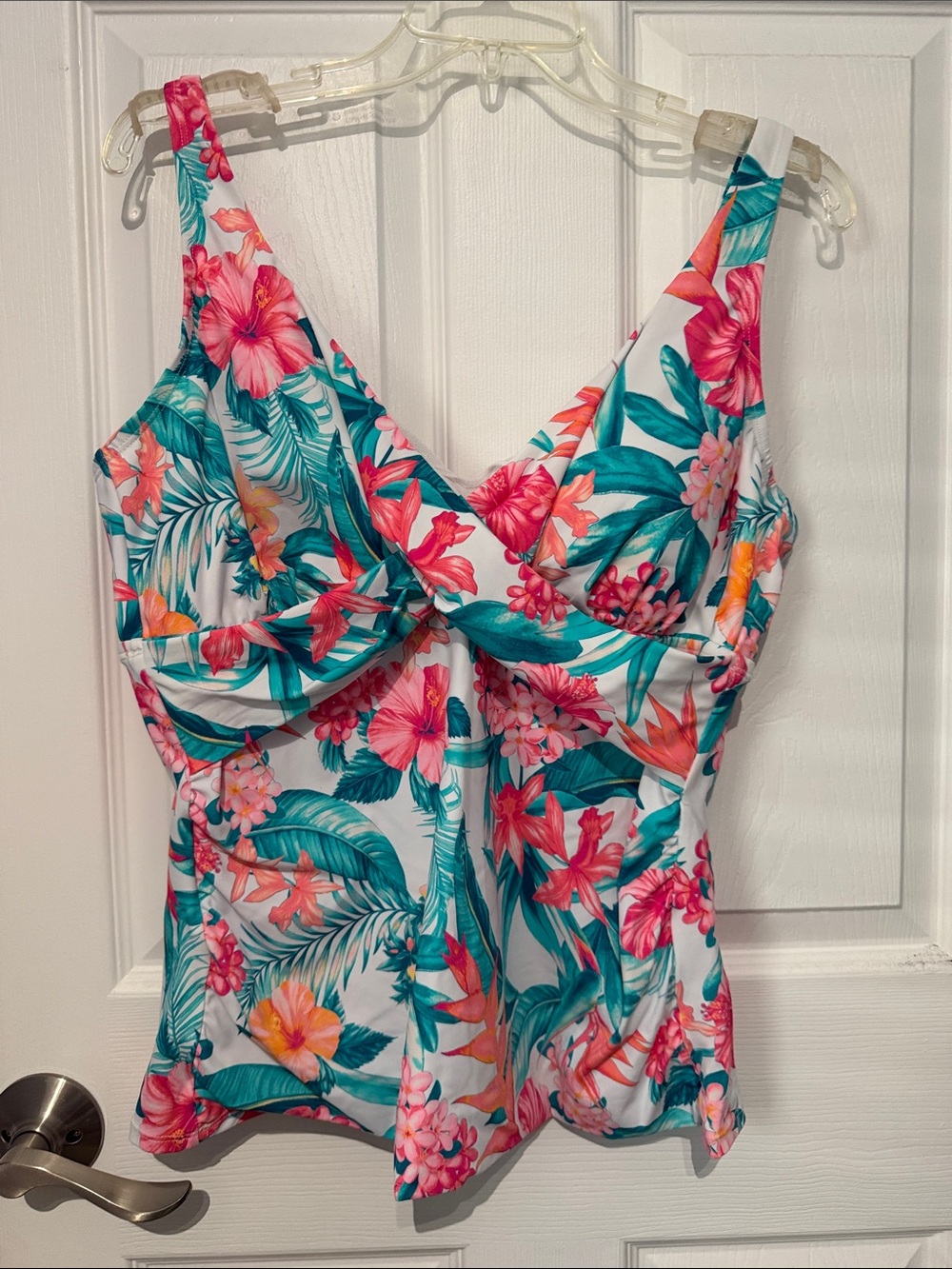 NWT Macy's White Floral Tankini Top Swimsuit with Pink & Teal Leaves. Size 18.